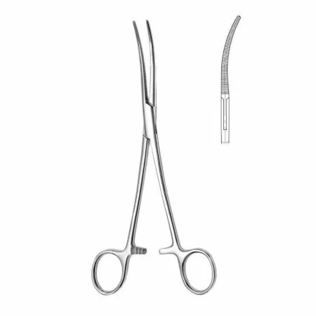 Зажим кровоостанавливающий зубчатый изогнутый Hilbro (№2 198 мм 14.0223.20)